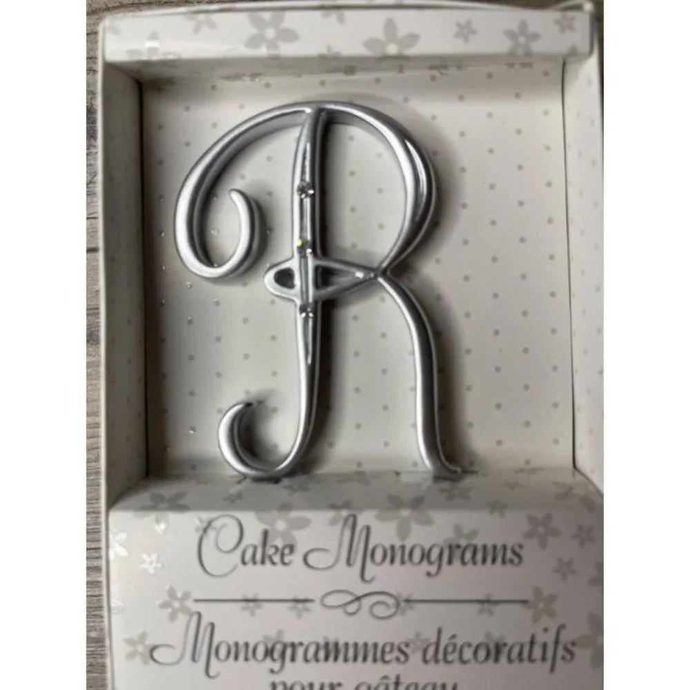 Wedding Small R Silver Finish Monogram Initial Rhinestones Cake Topper